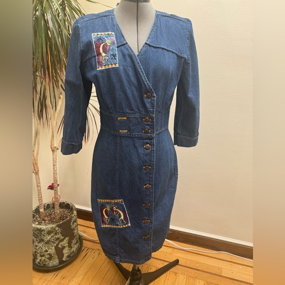Avon Dresses & Skirts - Vintage 90s Avon Fashions Denim Kokopelli Midi Dress | Southwest Boho